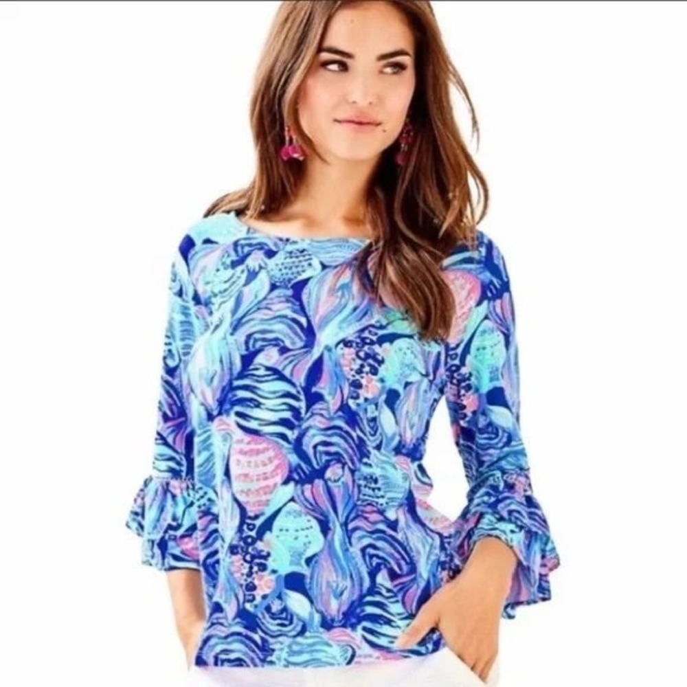 Lilly Pulitzer Laddie Top‎ Twilight Blue Early Riser Fish Print - Size Medium